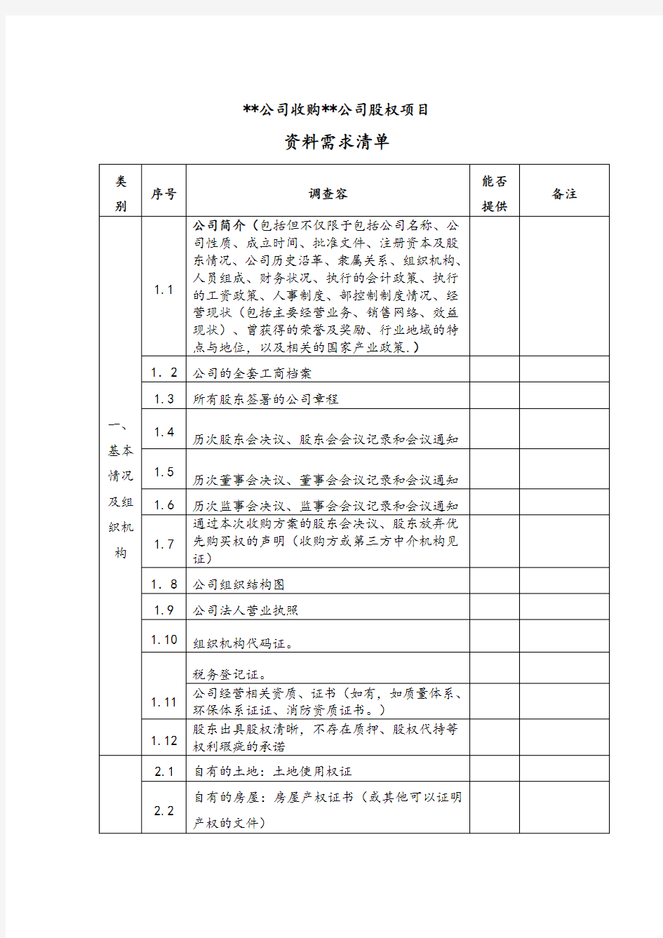 股权并购尽调清单_模板