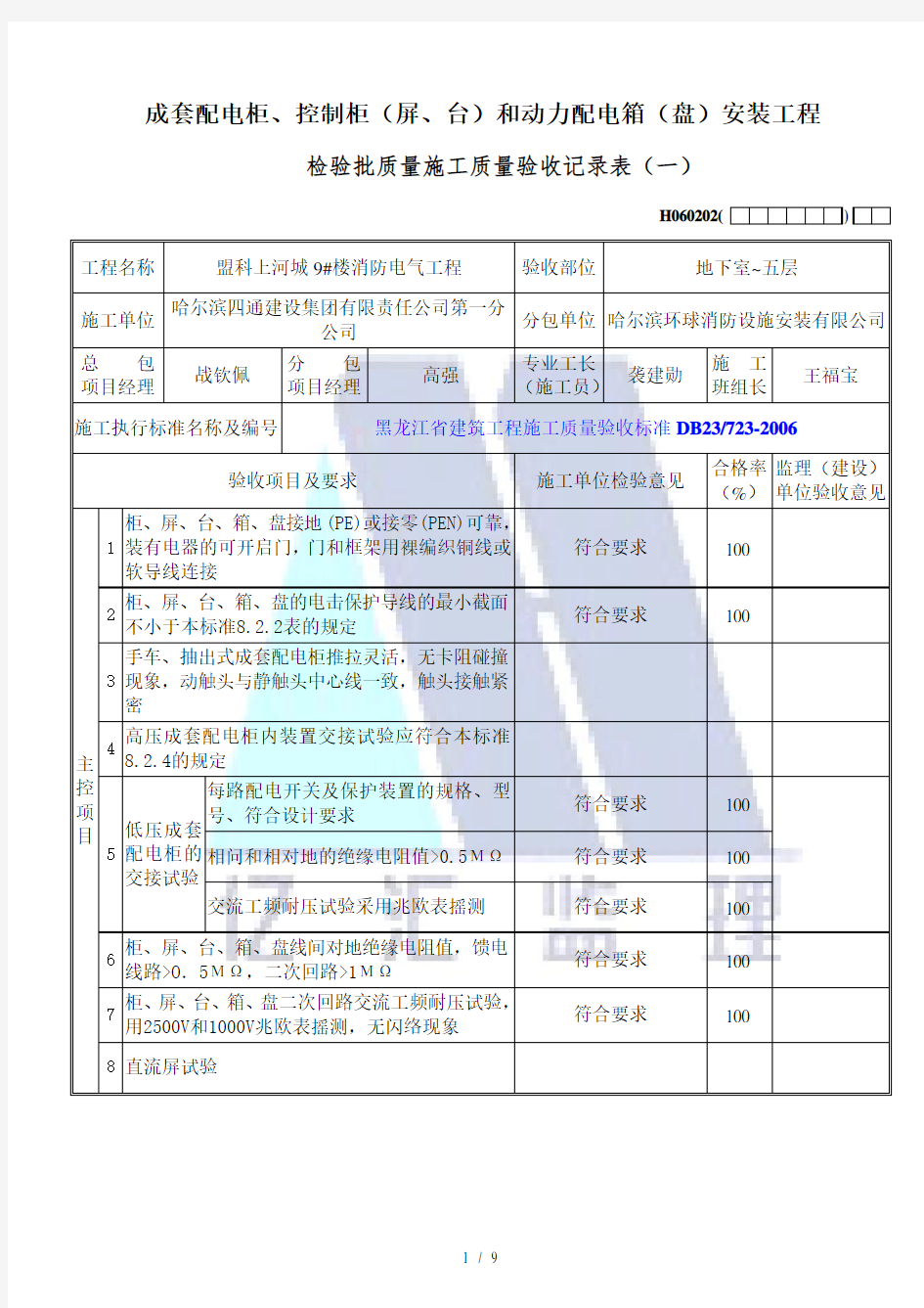 柜控制柜和动力配电箱(盘)安装工程检验批质量施工验收记录_