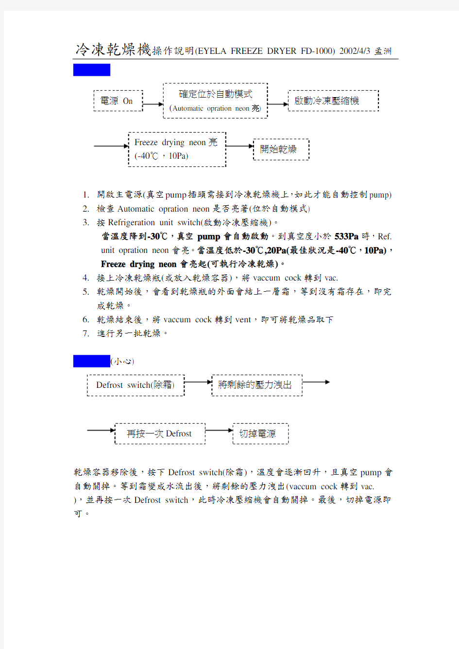 冷冻干燥机操作说明