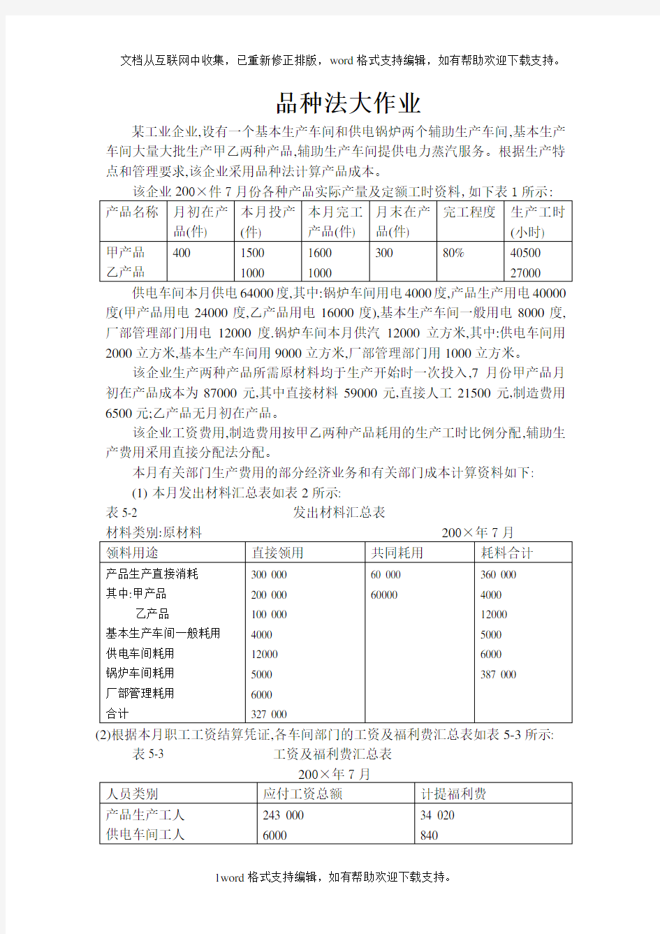 品种法作业及答案(供参考)