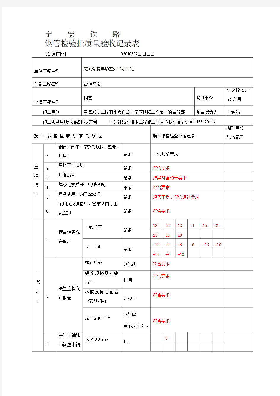 钢管检验批质量验收记录表