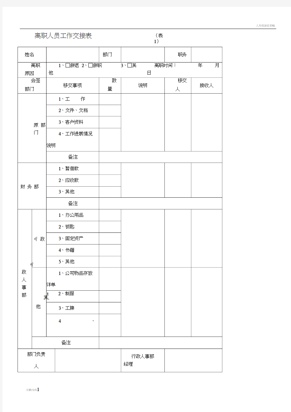 离职人员工作交接表