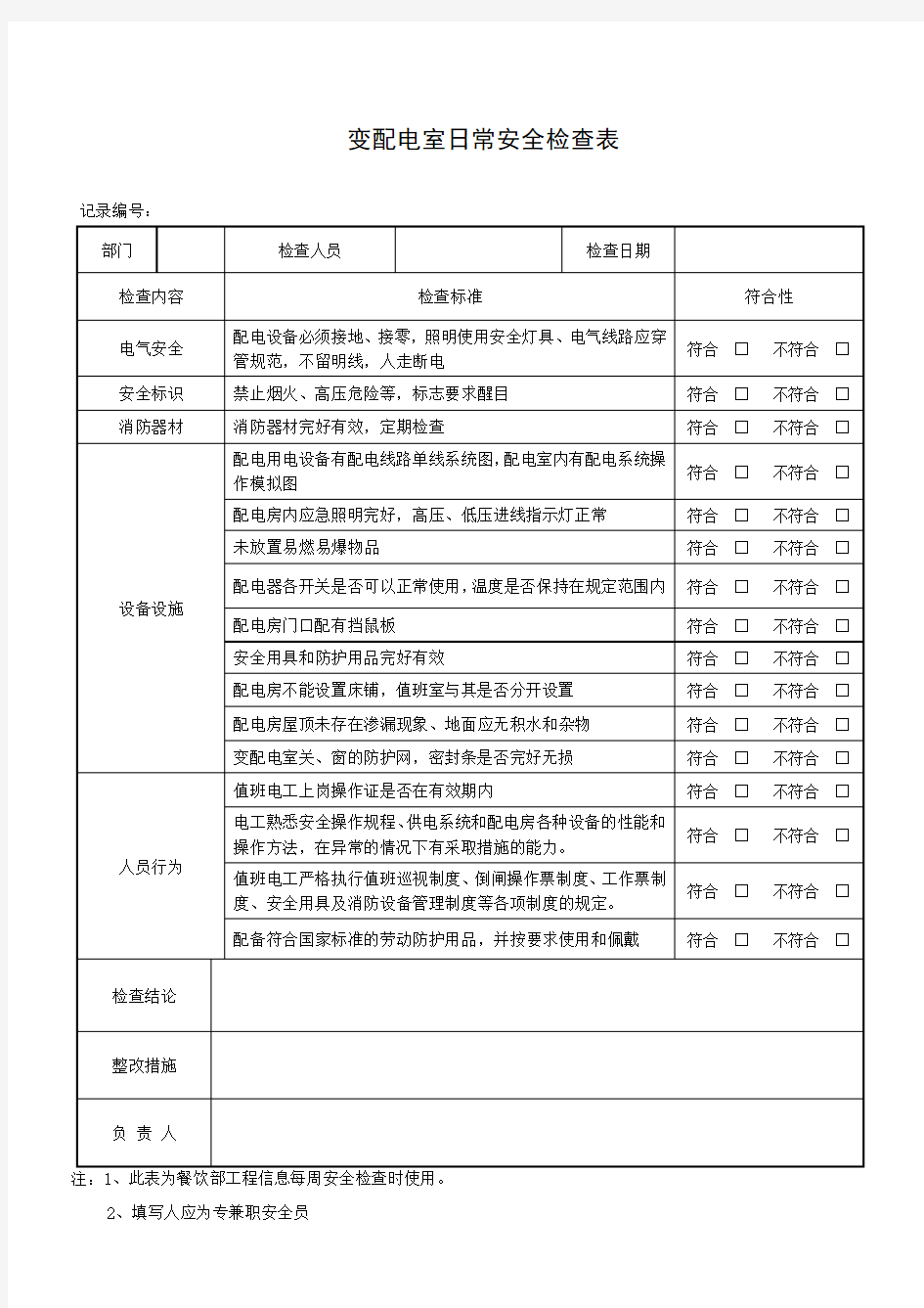 变配电室日常安全检查表