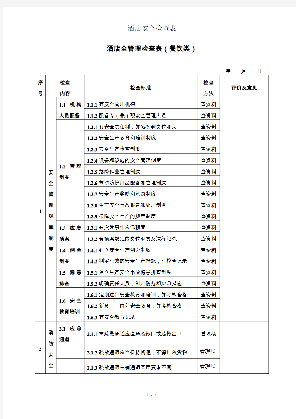 酒店安全检查表