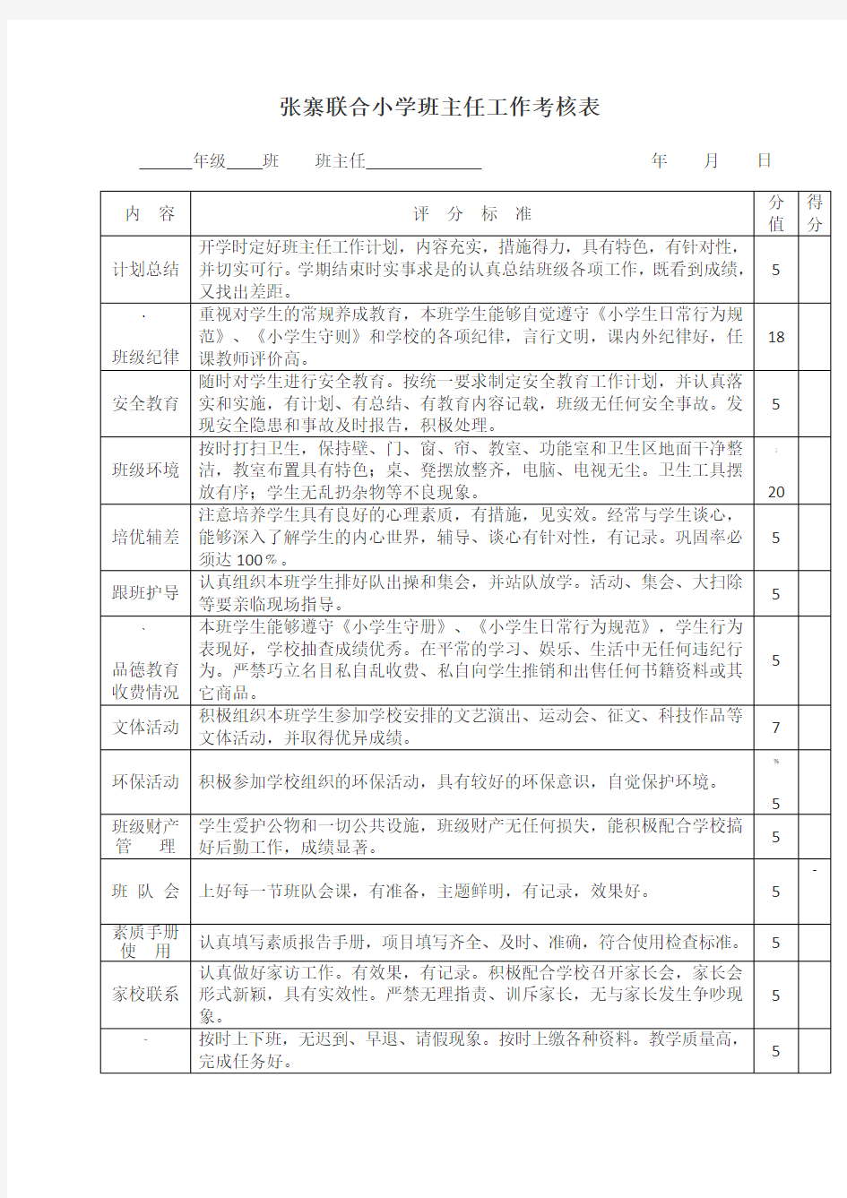 -班主任工作考核表