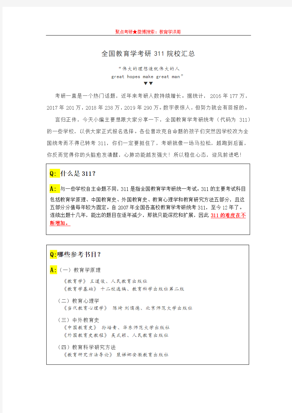 全国教育学考研311院校汇总