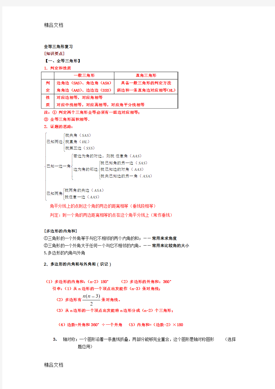 最新期末复习全等三角形知识总结和经典例题(1)