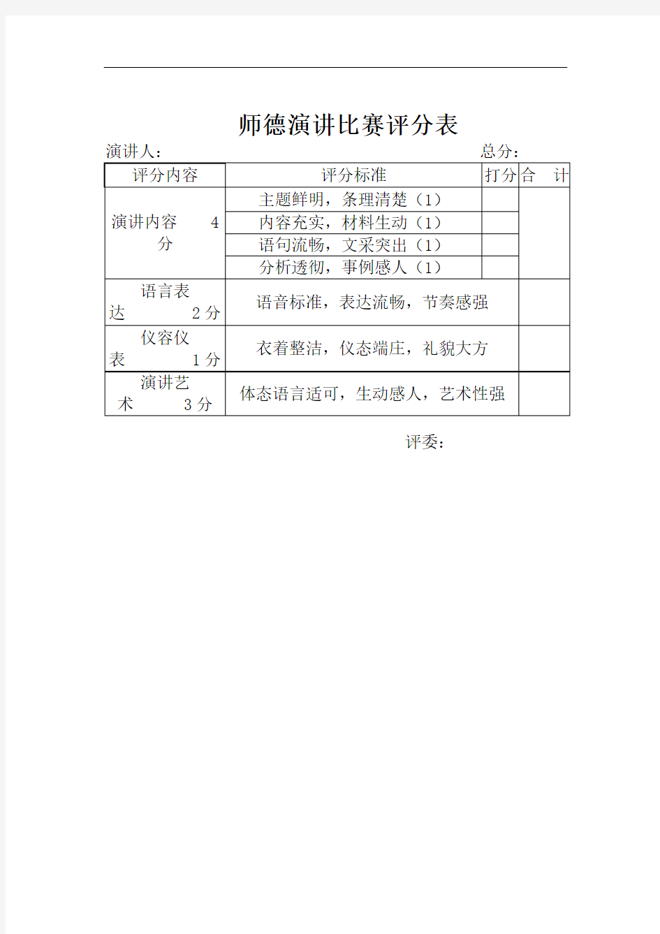 中学师德师风演讲比赛评分标准和评分表