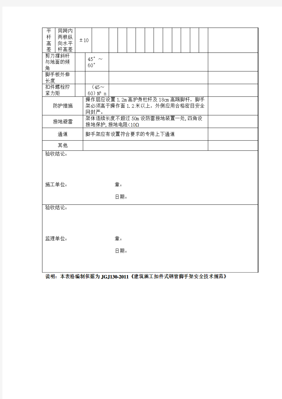 落地式钢管扣件脚手架搭设验收记录表验收记录表(格式)