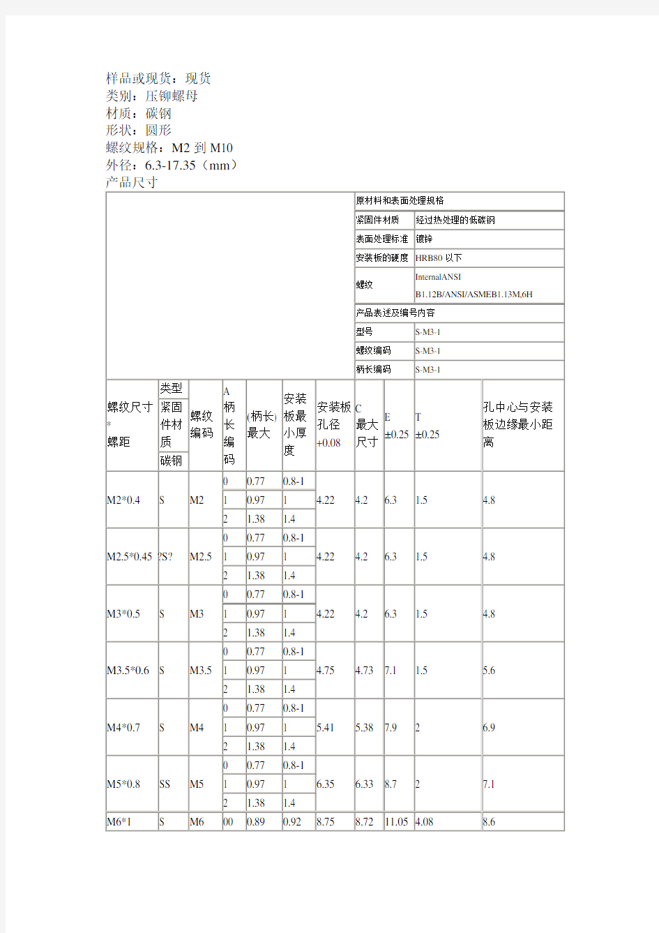 压铆螺母规格尺寸