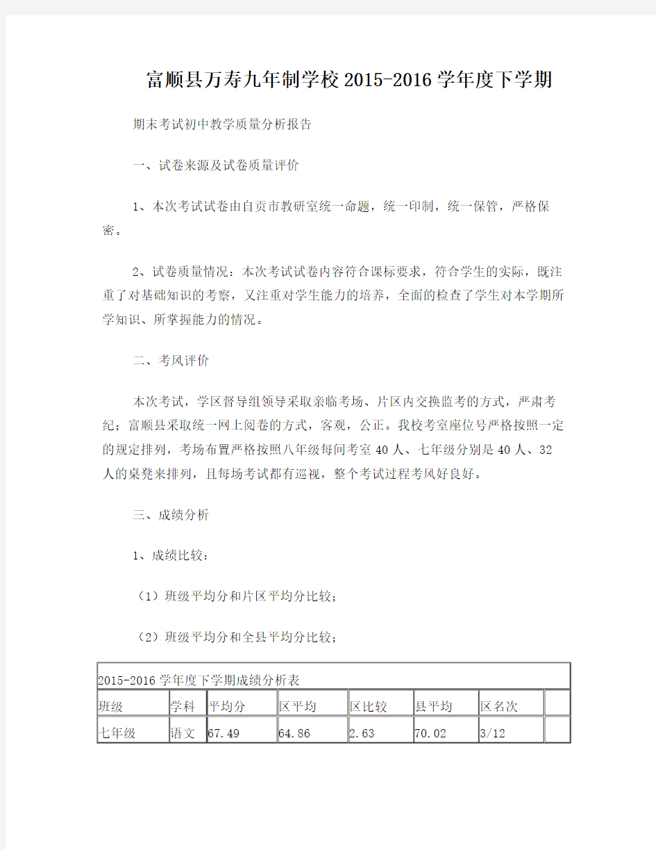 初中期末考试质量分析报告