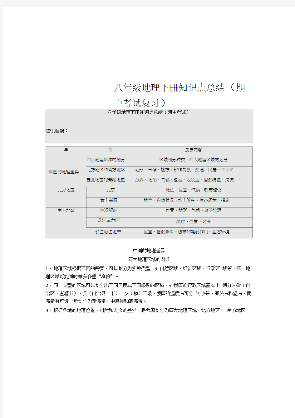 八年级地理下册知识点总结(期中考试复习)