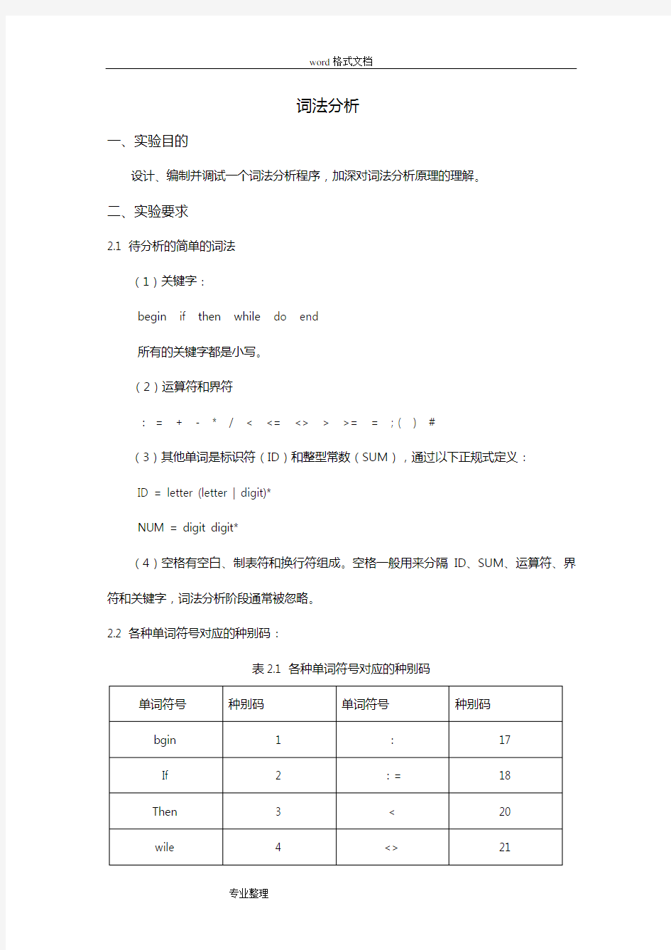 编译原理词法分析和语法分析报告+代码[C语言版]