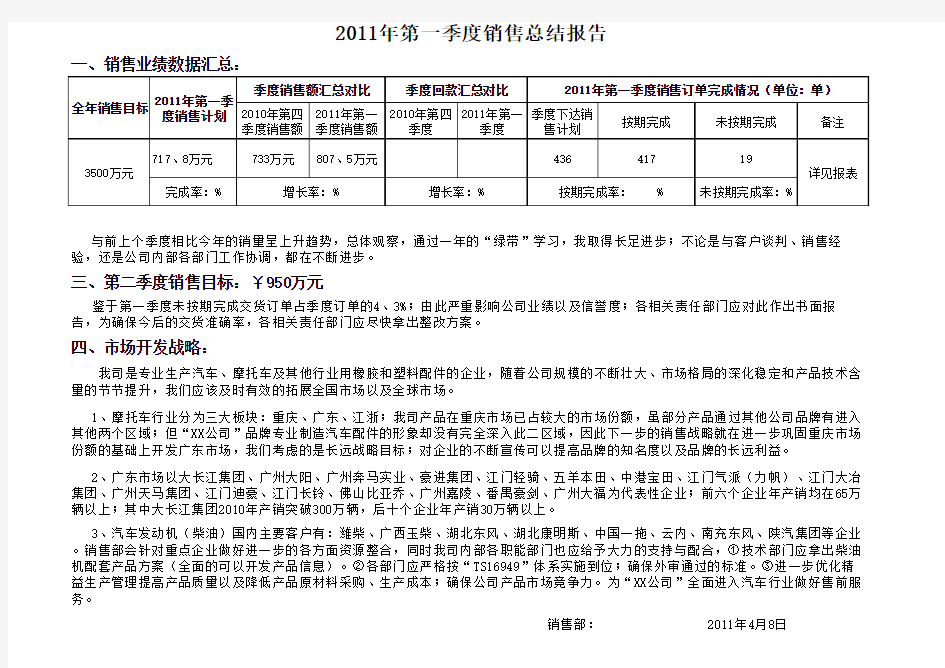 一季度销售总结报告