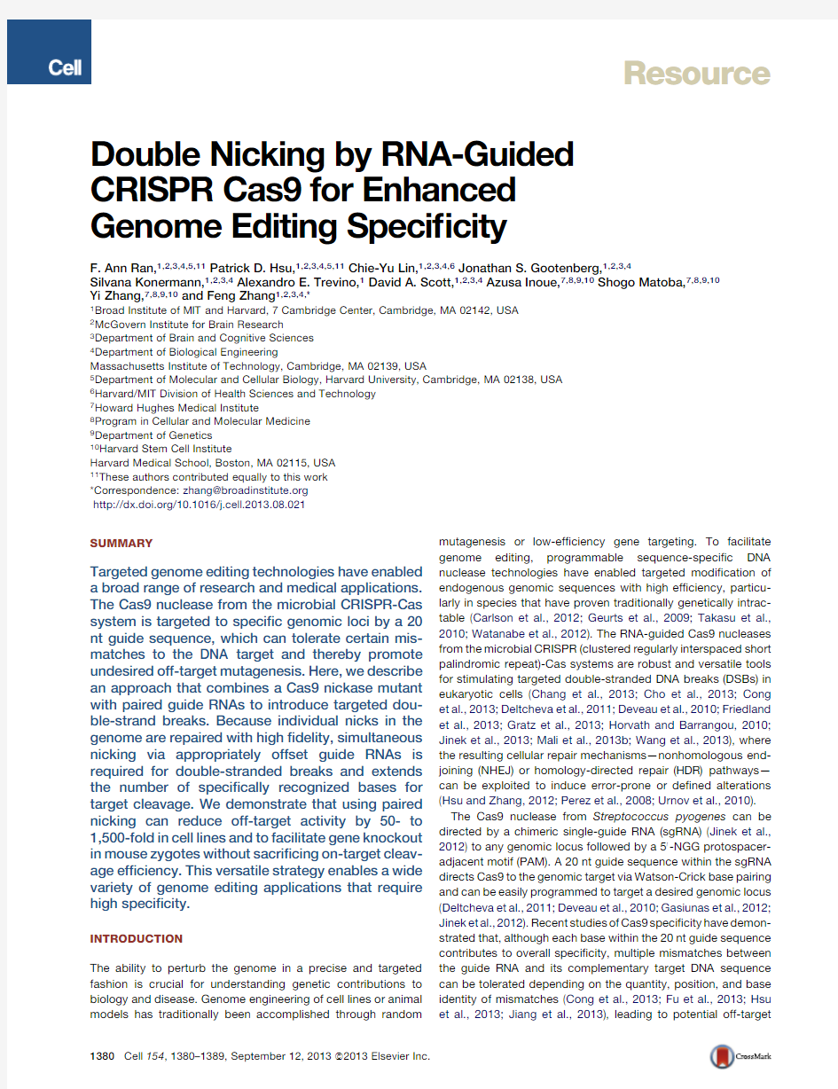 Double Nicking by RNA-Guided CRISPR Cas9 for Enhanced Genome Editing Specificity