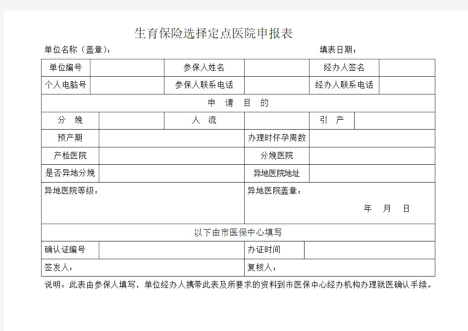 生育保险选择定点医院申报表