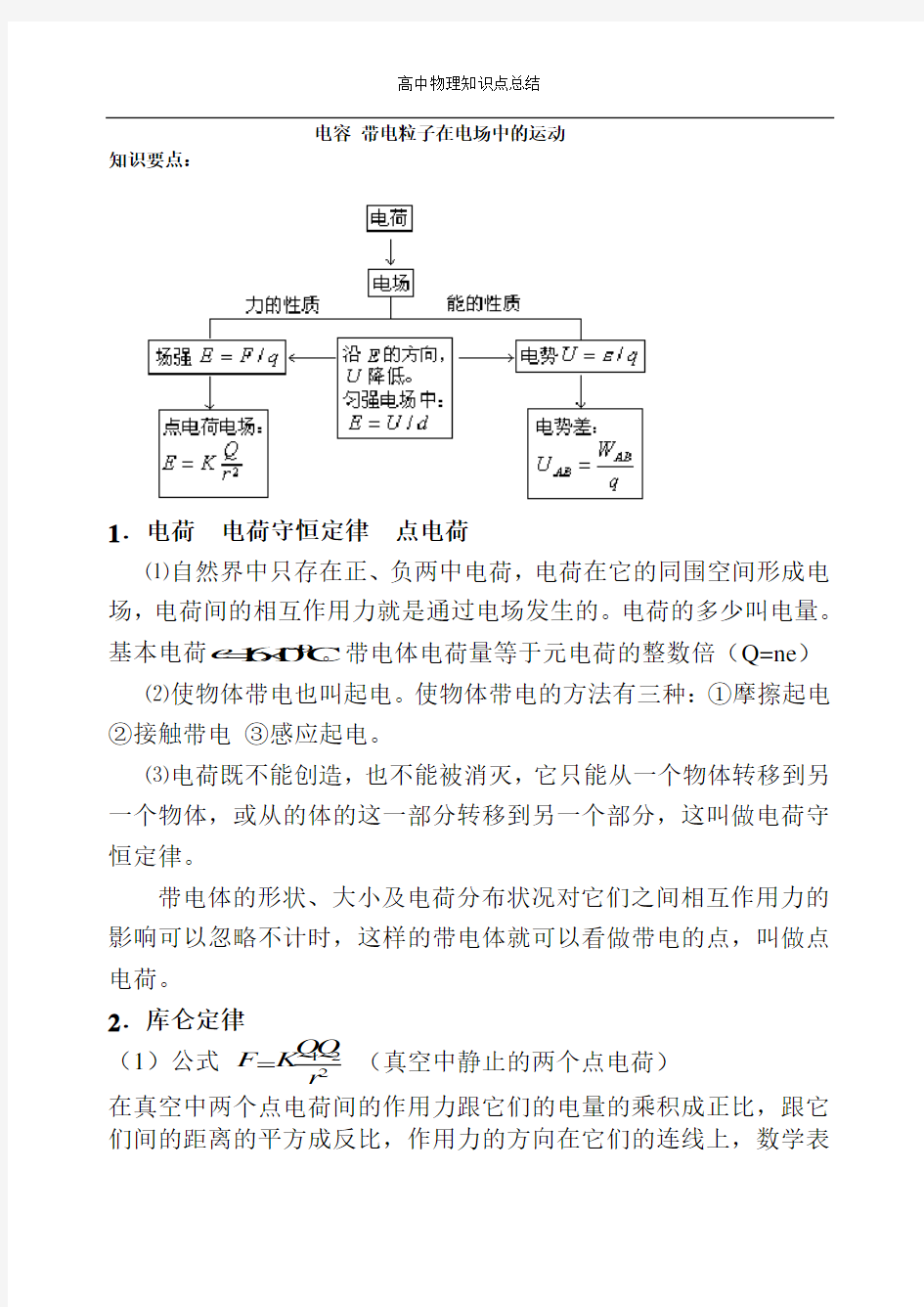 高二物理选修3-1知识点总结