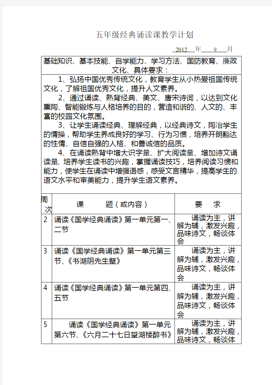 五年级经典诵读教学计划