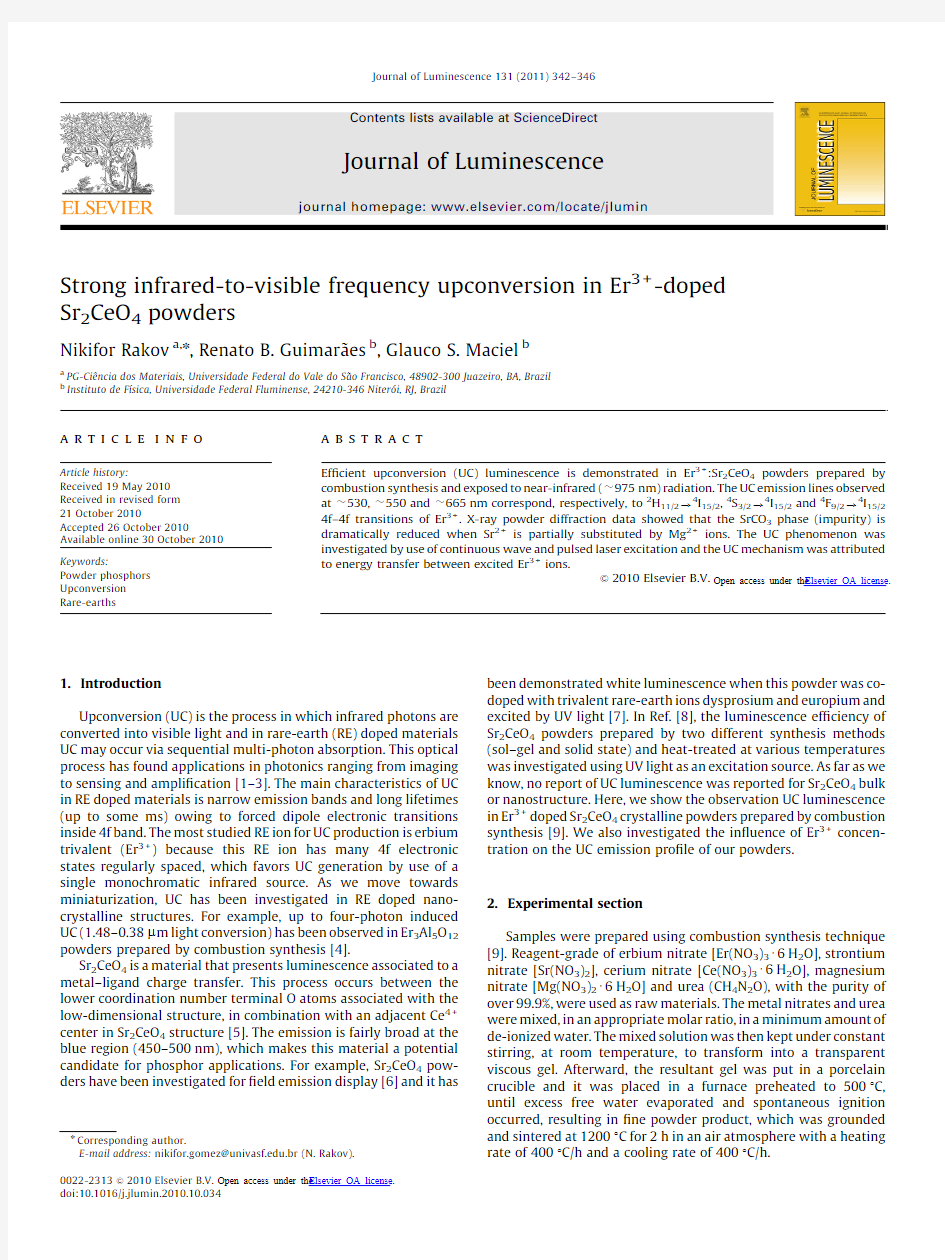 Strong infrared-to-visible frequency upconversion in Er3+-doped Sr2CeO4