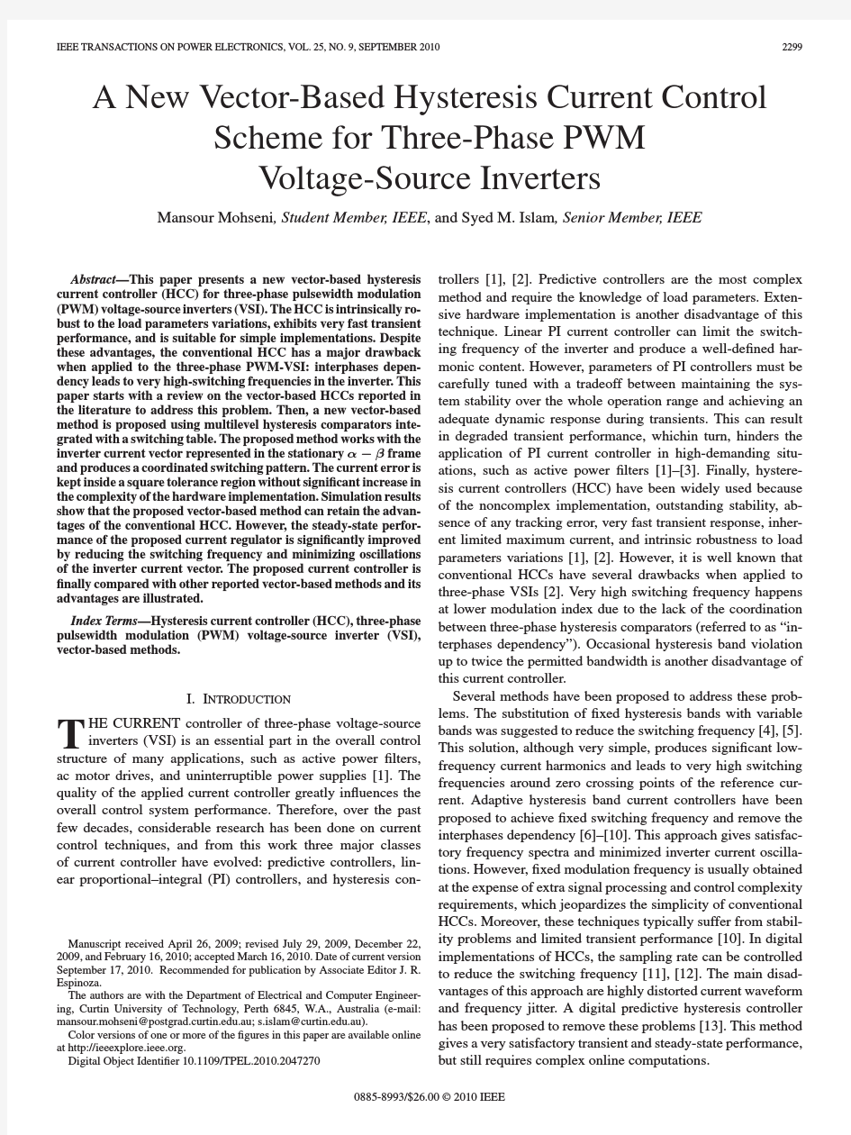 A New Vector-Based Hysteresis Current Control Scheme for Three-Phase PWM Voltage-Source Inverters