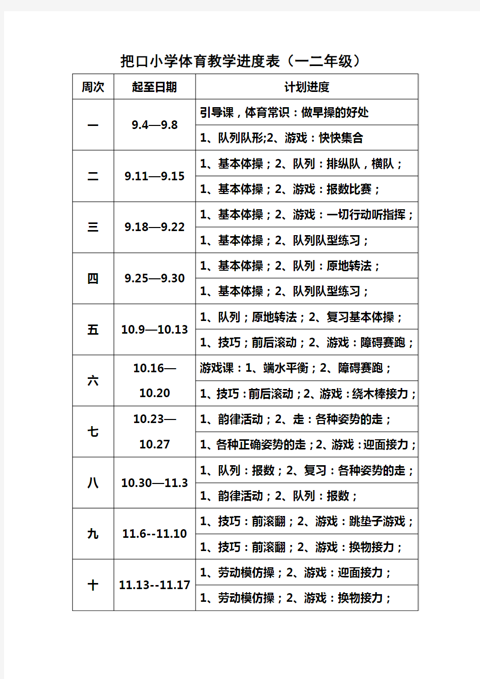 -小学一年级体育教学进度表