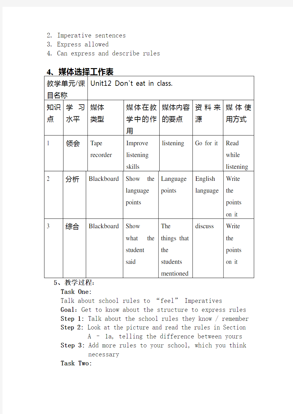 人教版初中英语七年级下册Unit 12 Don’t eat in class教学设计说课稿