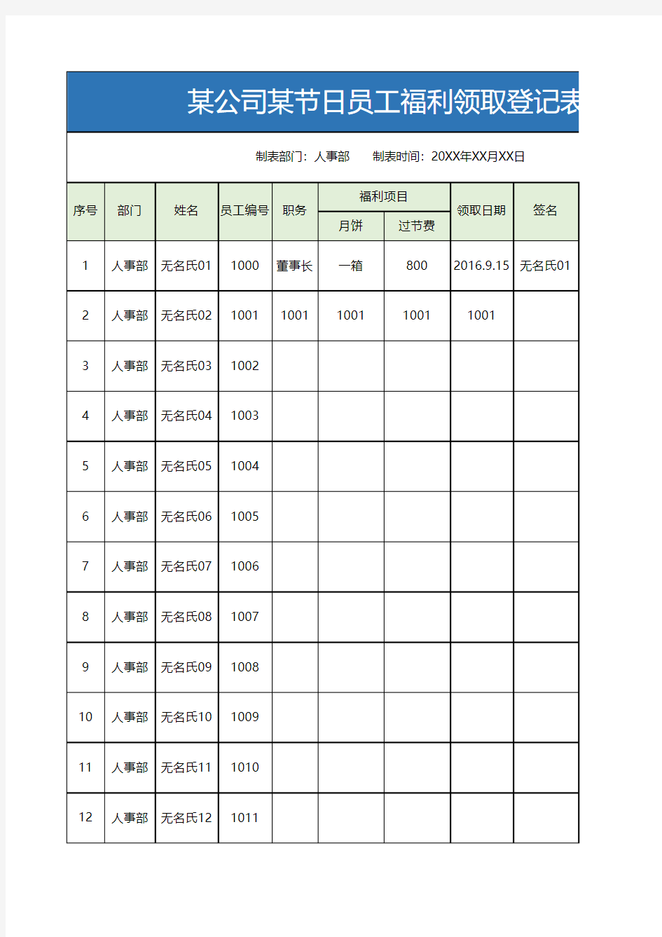 员工节日福利发放登记表excel模板