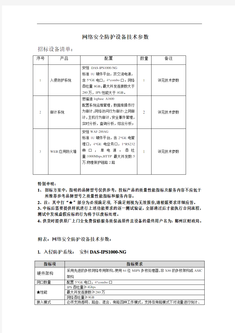 网络安全防护设备技术参数