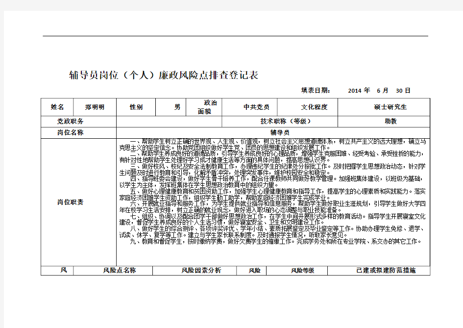 辅导员岗位廉政风险点排查登记表