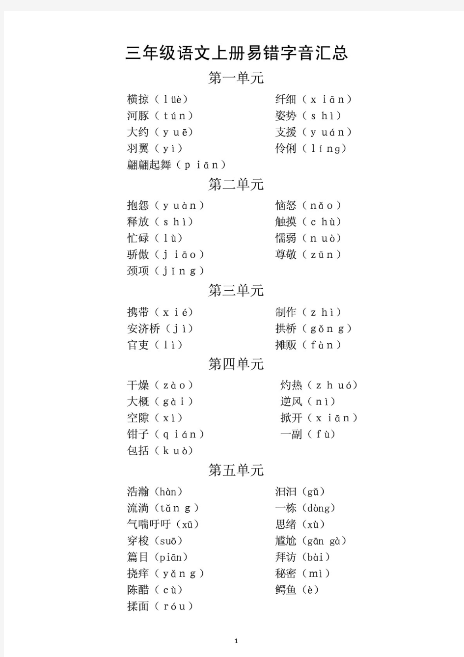 小学语文部编版三年级上册易错字音汇总