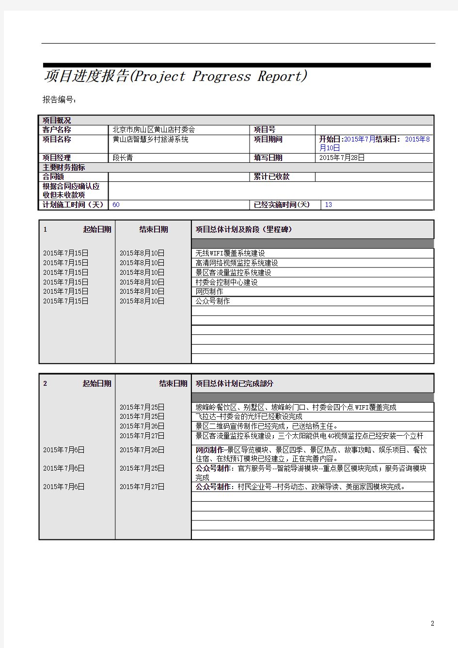 项目进度报告模板