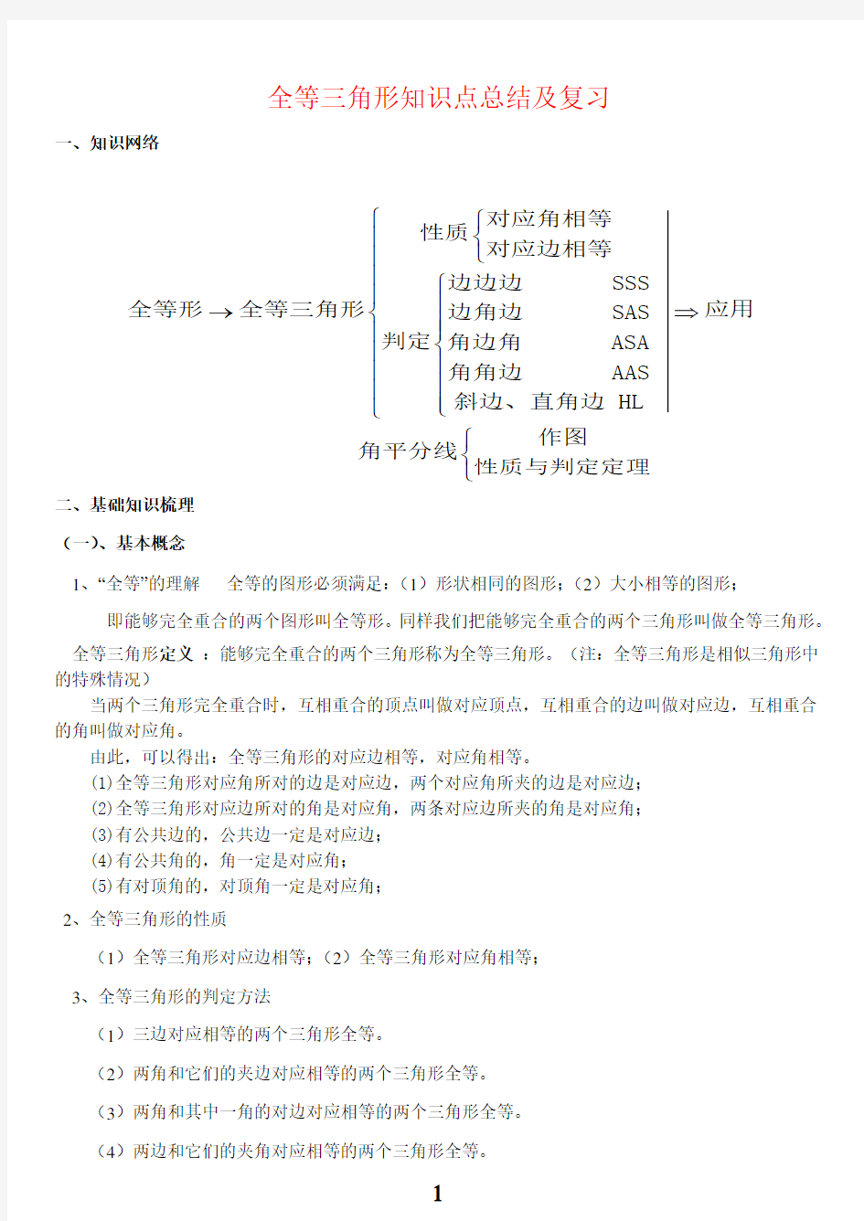 初中数学全等三角形知识点总结与复习