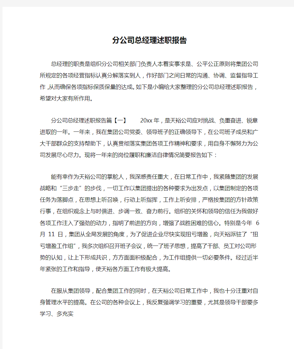 分公司总经理述职报告