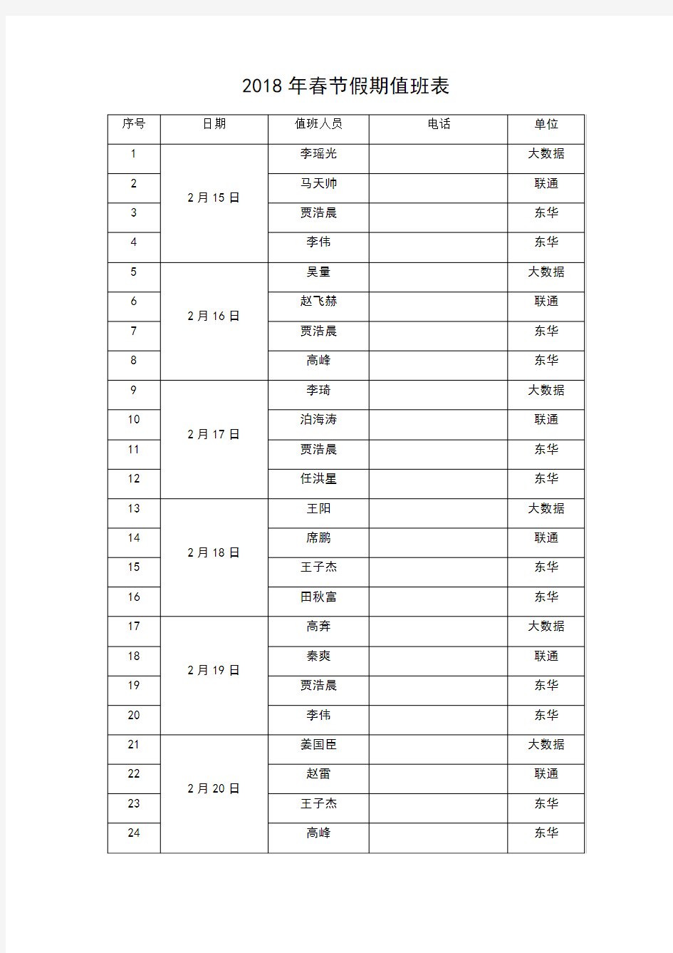 春节假期值班表及应急预案