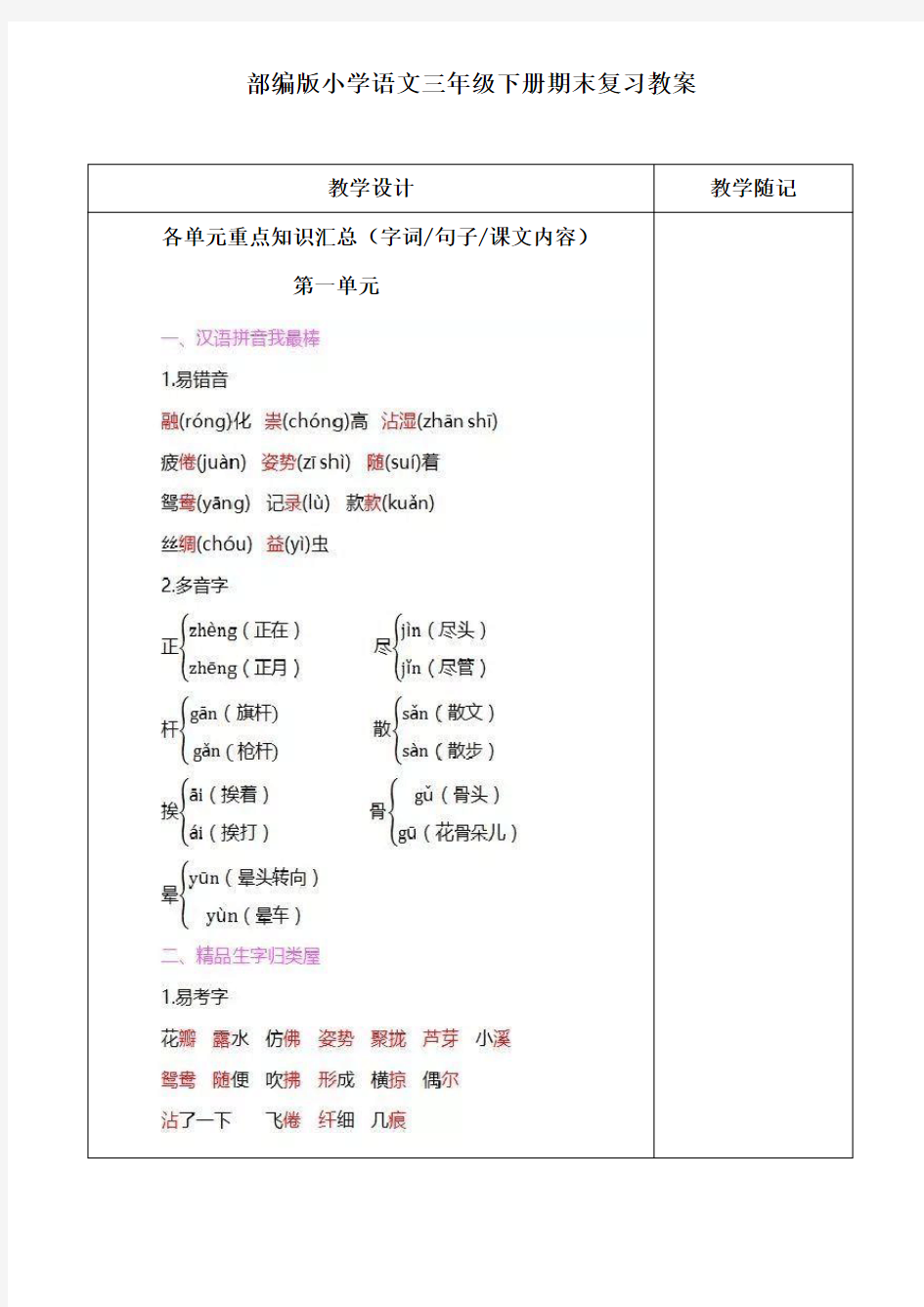 (完整版)部编版小学语文三年级下册期末复习教案