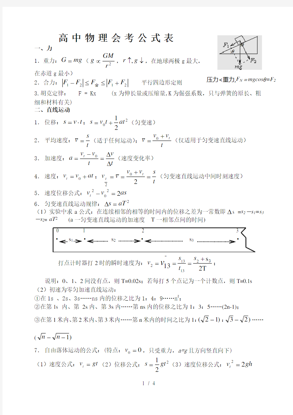 高中物理会考公式表