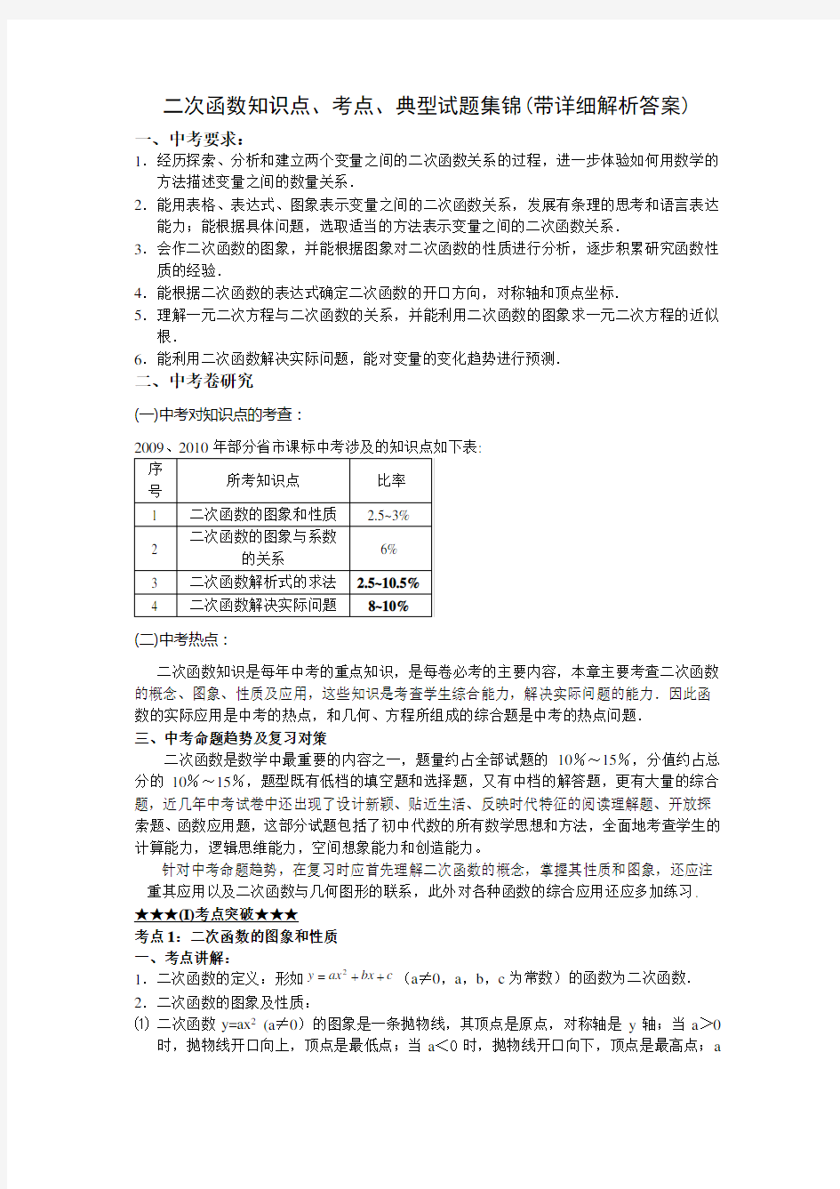 二次函数知识点考点典型试题集锦(带详细解析答案)