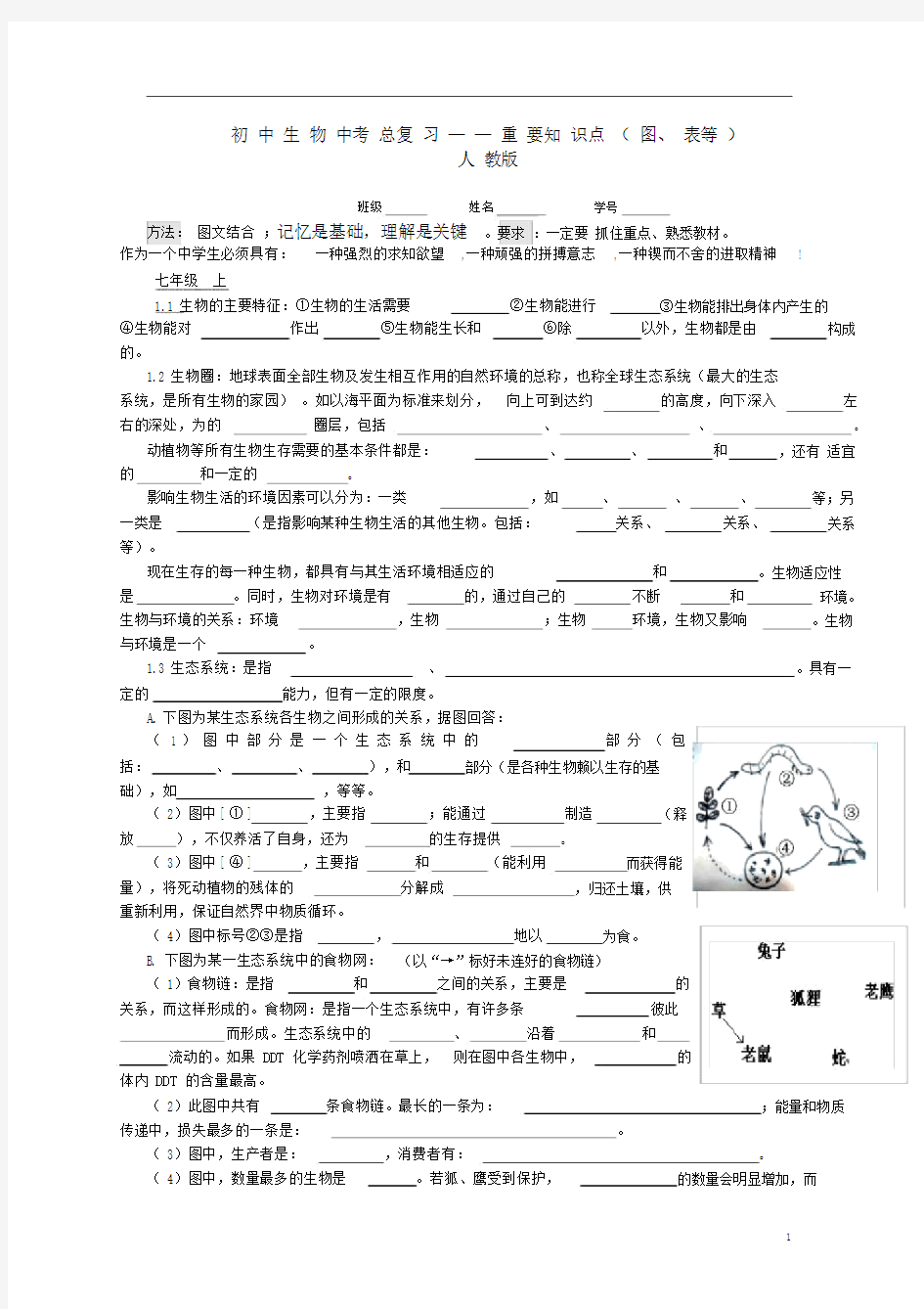 (完整版)初中生物中考总复习-重要知识点(图、表等)-人教版.doc