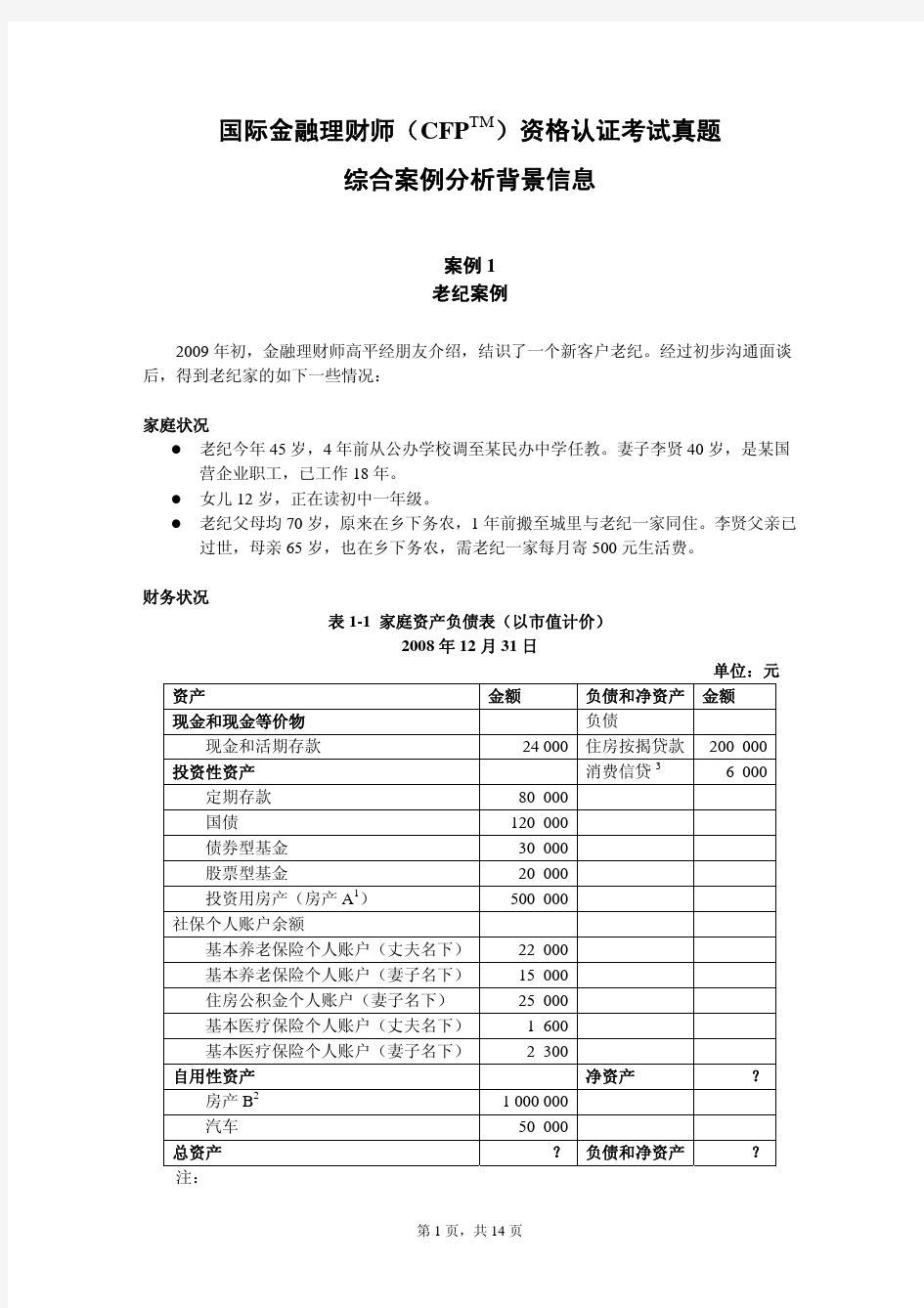 国际金融理财师(CFP综合案例分析背景信息