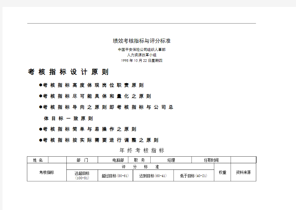 中国平安保险股份有限公司绩效考核指标及评分标准