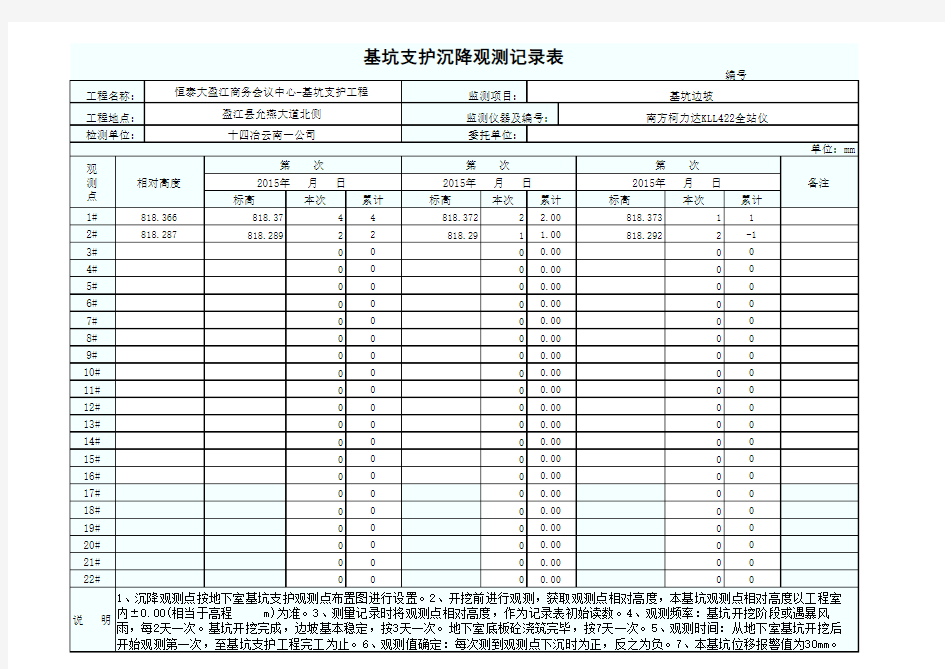 基坑支护沉降观测记录表