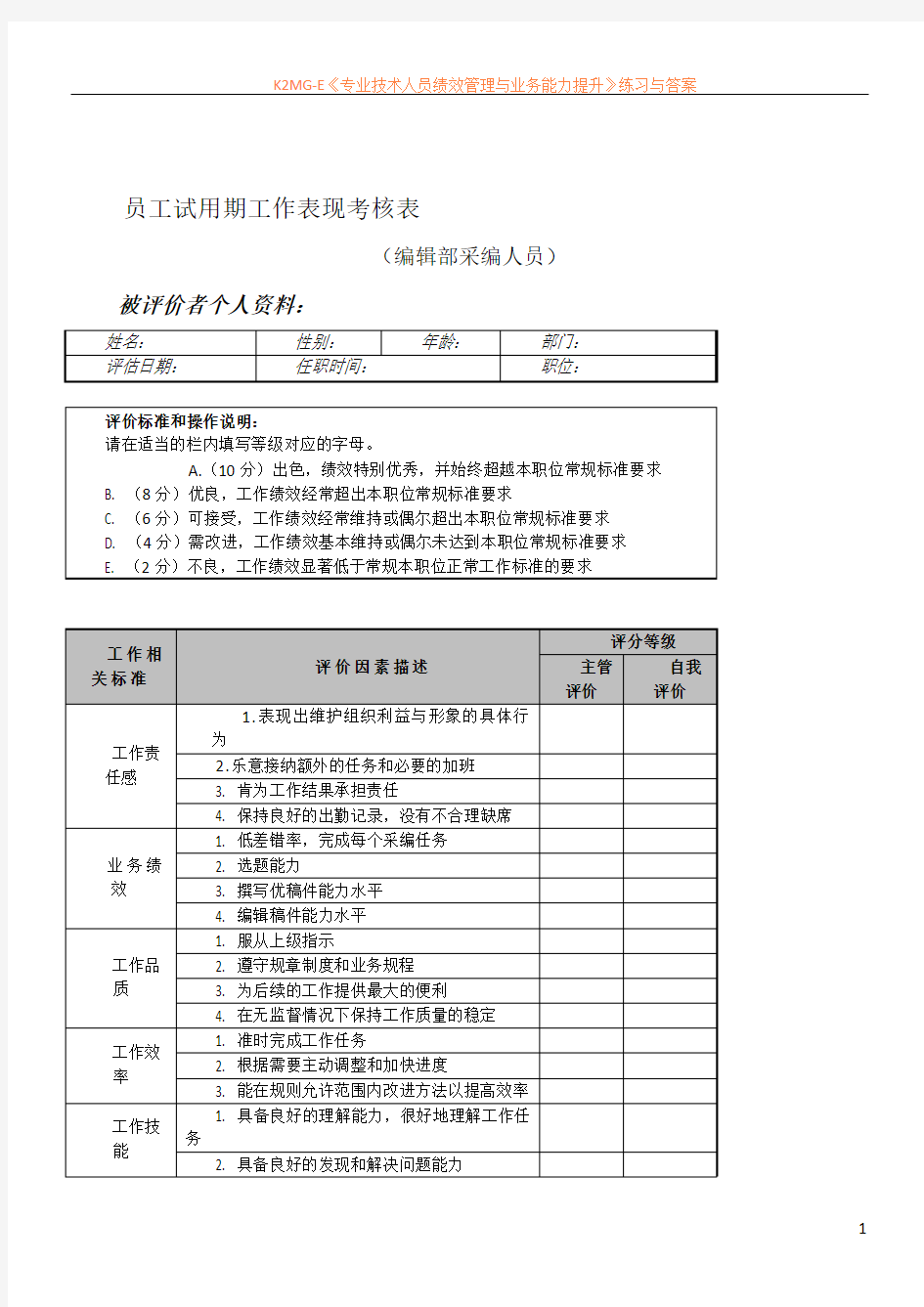 员工试用期工作表现考核表.