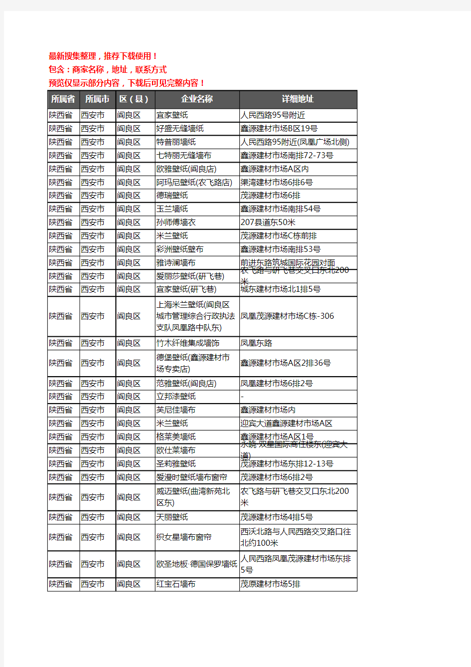 新版陕西省西安市阎良区壁纸企业公司商家户名录单联系方式地址大全47家
