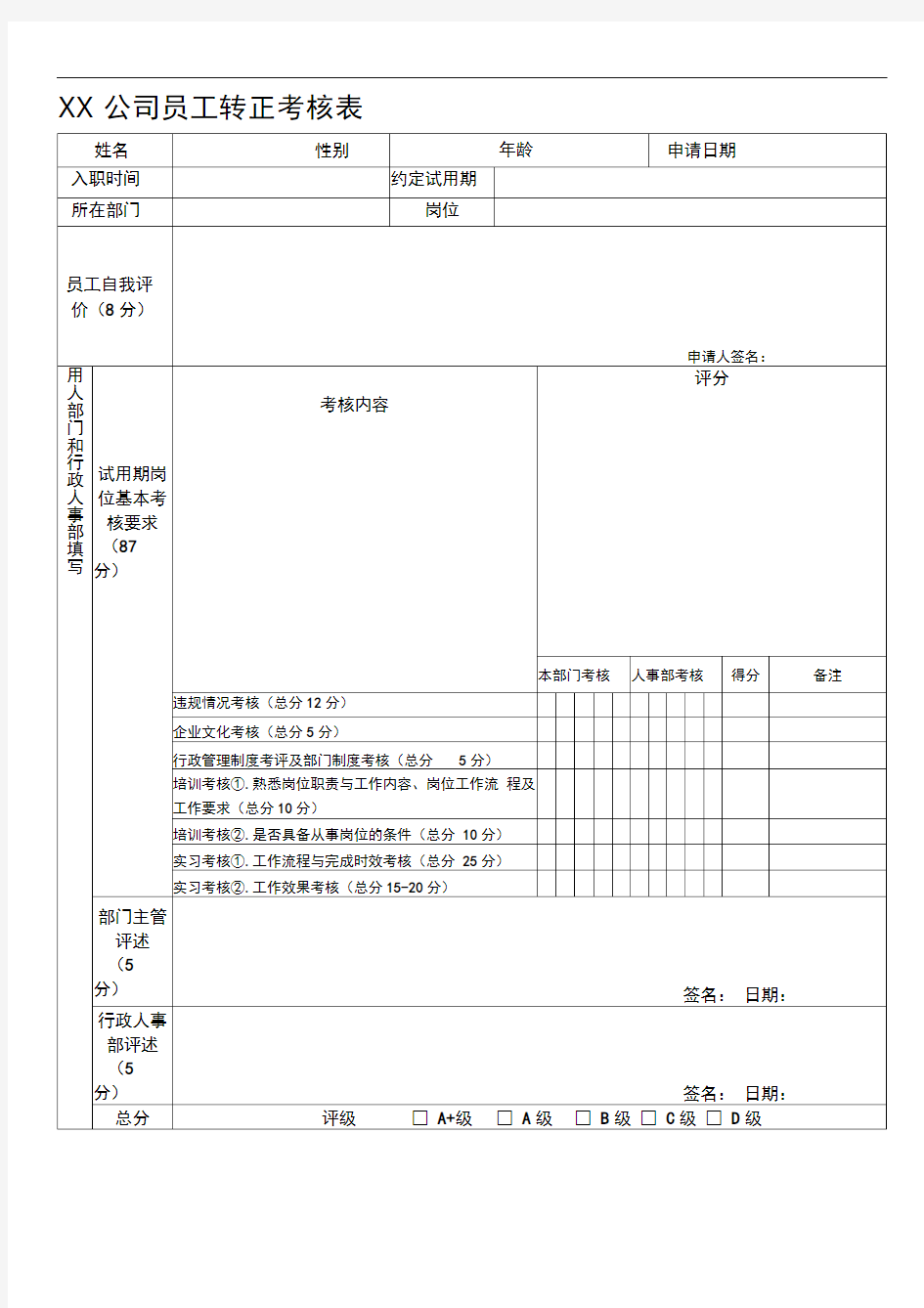 XX公司员工转正考核表