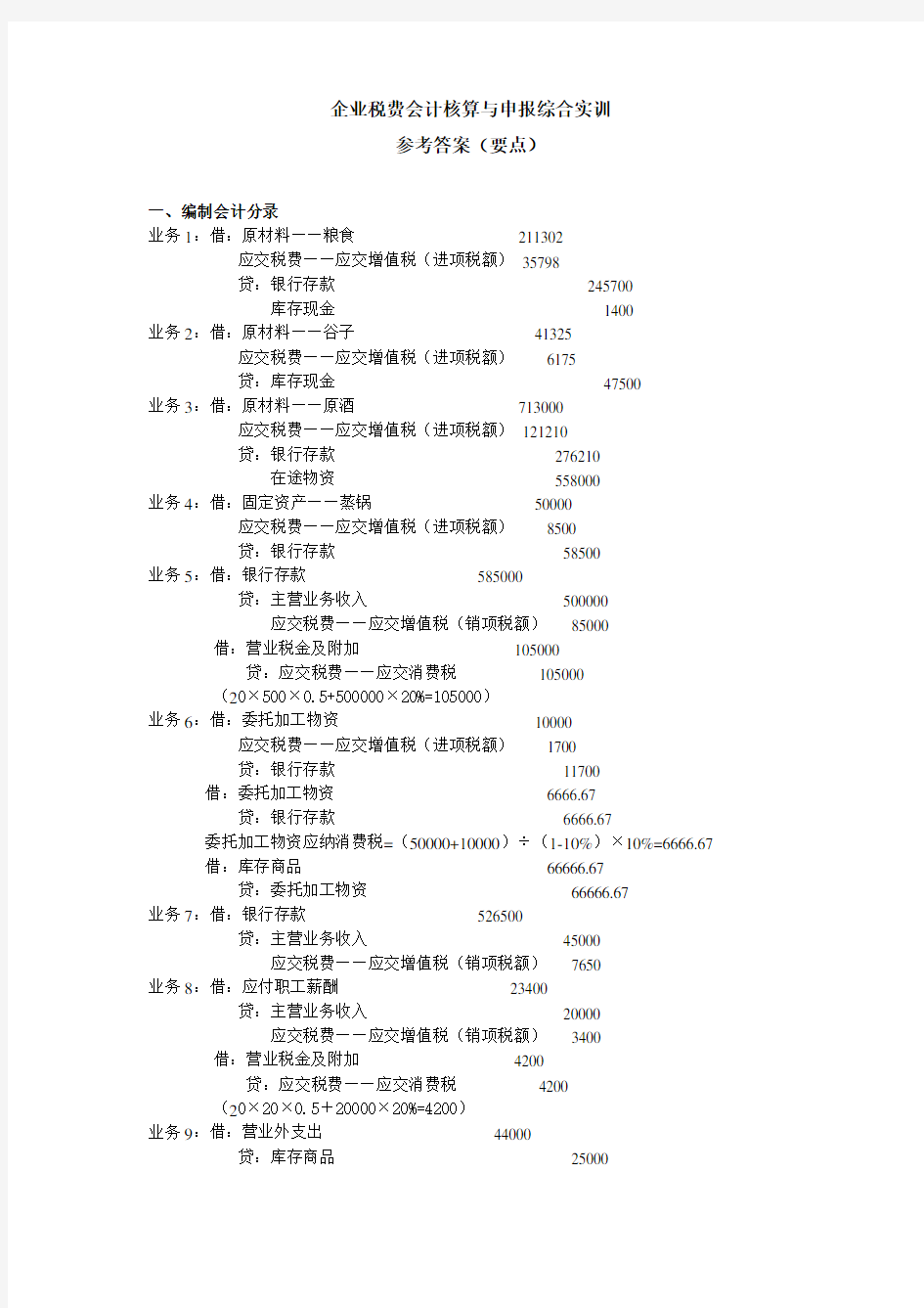 《税务会计实训》综合实训参考答案(要点)