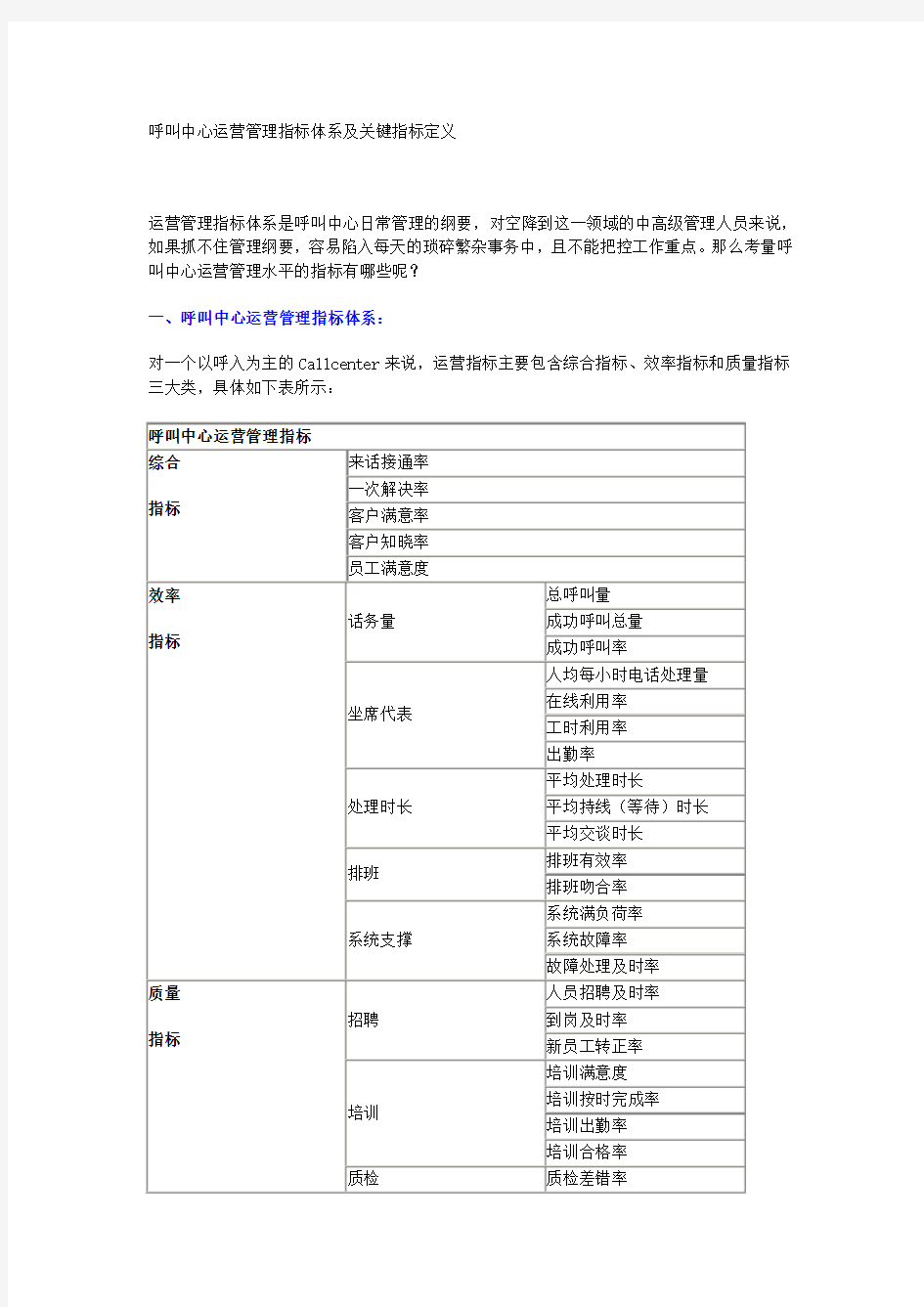 呼叫中心运营管理指标体系及关键指标定义