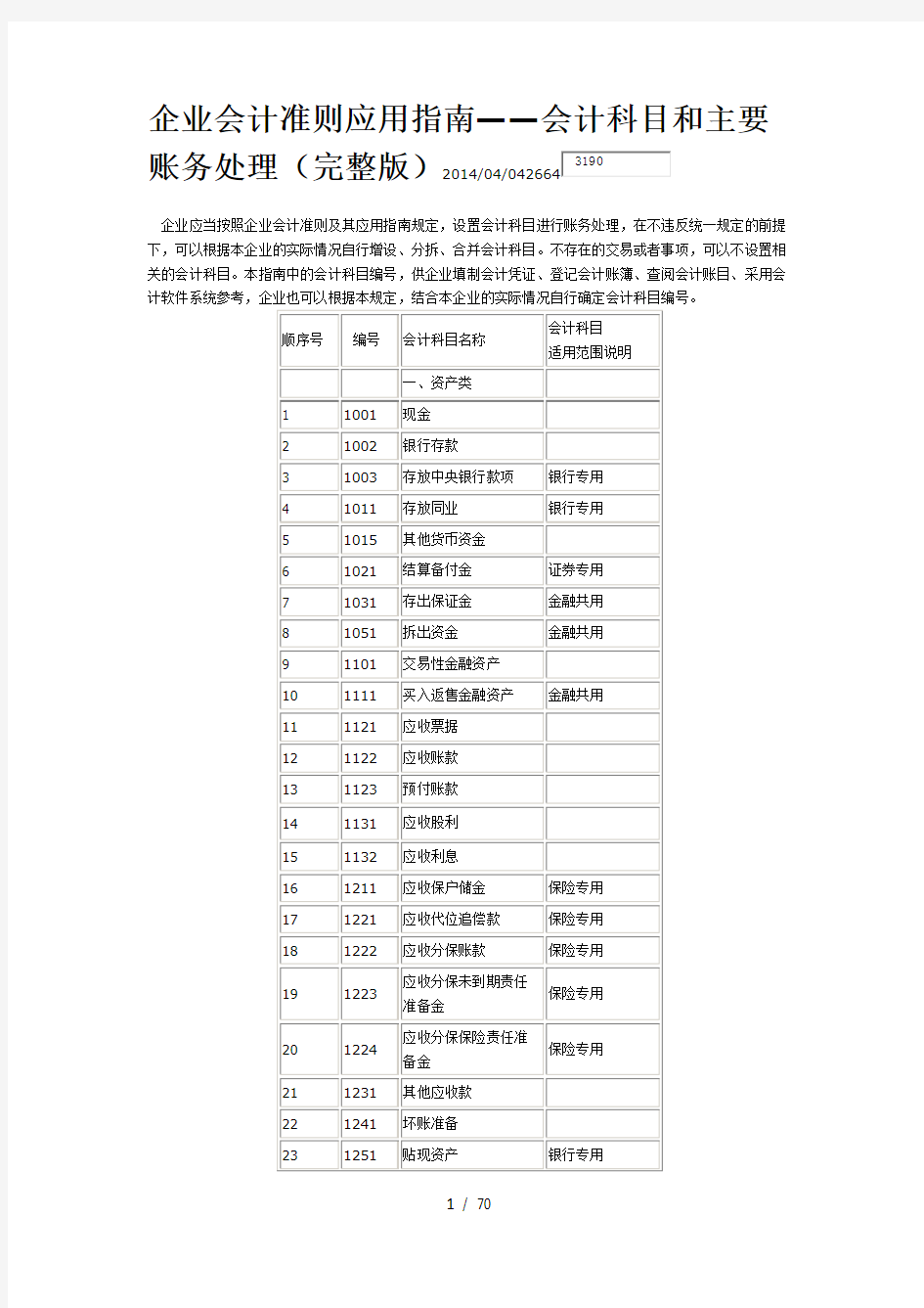 企业会计准则应用指南——会计科目和主要账务处理(完整版)