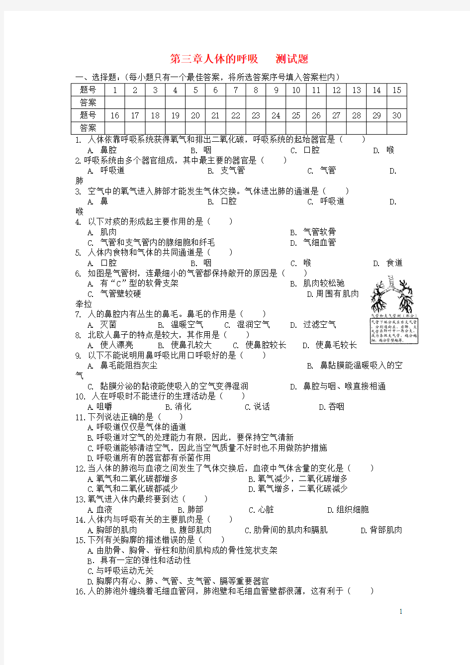 第三章人体的呼吸测试题