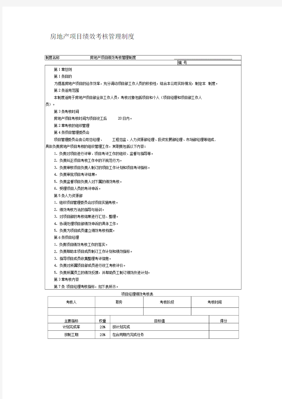 房地产项目绩效考核管理制度