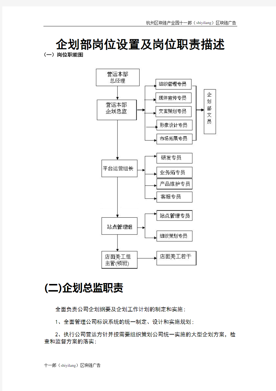 杭州区块链产业园企划部岗位设置及岗位职责描述